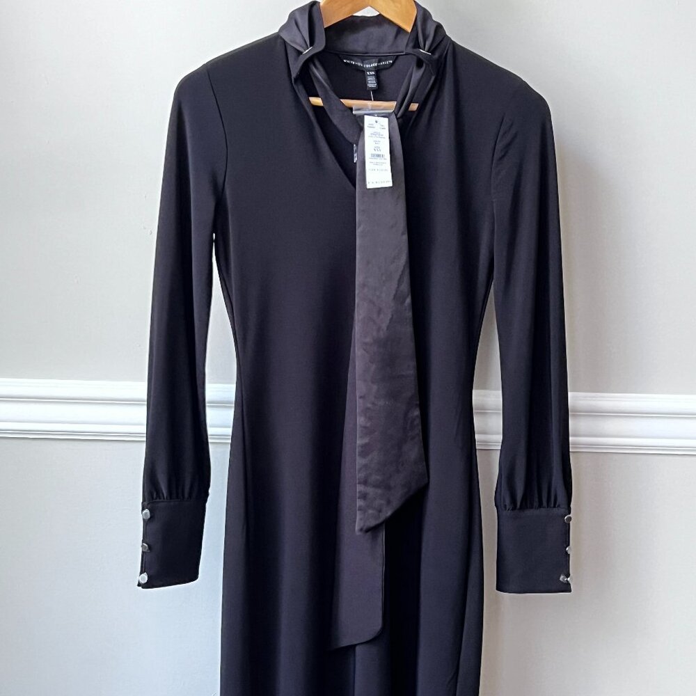 White House Black Market WHBM Tie Neck Shift Dress Black Long Sleeve XXS NWT - Picture 4 of 7
